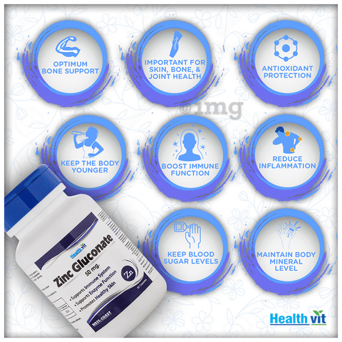 HealthVit Zinc Gluconate 50mg | For Immunity, Enzyme Function & Healthy Skin | Capsule: Buy bottle of 60.0 capsules at best price in India | 1mg HealthVit Zinc Gluconate 50mg | For Immunity, Enzyme Function & Healthy Skin | Capsule: Buy bottle of 60.0 capsules at best price in India | 1mg