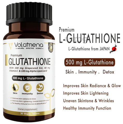 Volamena Premium Glutathione | With Grapeseed Extract, Vitamin C & ALA for Skin, Immunity & Detoxification | Tablet: Buy bottle of 30.0 tablets at best price in India | 1mg Volamena Premium Glutathione | With Grapeseed Extract, Vitamin C & ALA for Skin, Immunity & Detoxification | Tablet: Buy bottle of 30.0 tablets at best price in India | 1mg
