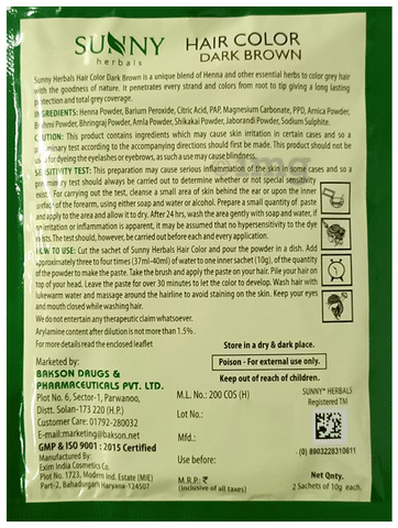 Bakson's Hair Color 12 Sachets Dark Brown: Buy box of 240 gm Powder at best price in India | 1mg Bakson's Hair Color 12 Sachets Dark Brown: Buy box of 240 gm Powder at best price in India | 1mg