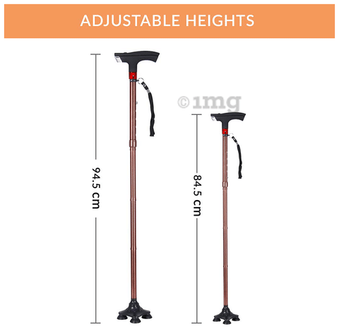 Stainless Steel Brown Walking Stick Non-slip Curved Handle Four Feet Base Walking  Cane Height Adjustable Stable Walking Aid for The Elderly, Disabled Legs  And Feet : : Health & Personal Care
