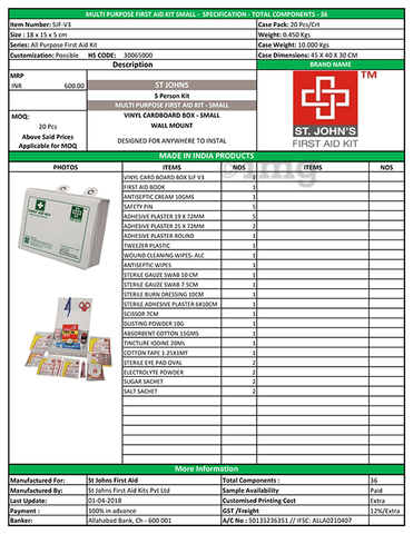 St Johns Multipurpose First Aid Kit Small Buy box of 1.0 Kit at