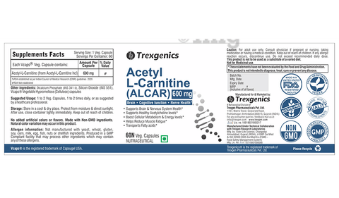 Trexgenics Acetyl L-Carnitine (ALCAR) 600mg Veg Capsule: Buy bottle of 60.0  capsules at   in India | 1mg