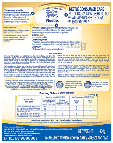 Nestle NAN PRO 1 Infant Formula with Probiotic (Up to 6 months) Stage 1-400g  at Rs 770/gram, Mumbai