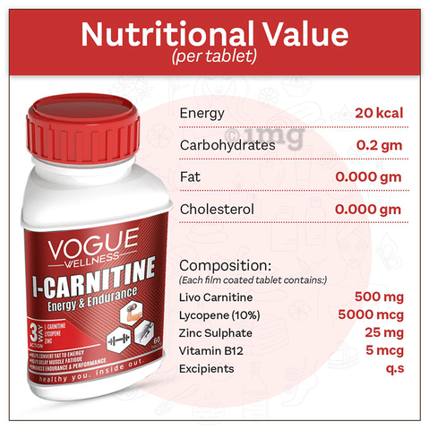 Vogue Wellness L-Carnitine Tablet with Vitamin B Helps Convert Fat into  Energy (60 Each): Buy combo pack of 3.0 bottles at best price in India | 1mg