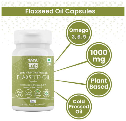 Tata 1mg Flaxseed Oil 1000mg Veg Omega 3 Capsule for Heart Health
