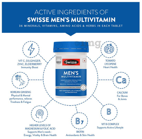 Swisse Ultivite Men's Multivitamin for Energy, Stamina & Fatigue Reduction  | Tablet: Buy bottle of 60.0 tablets at   in India | 1mg
