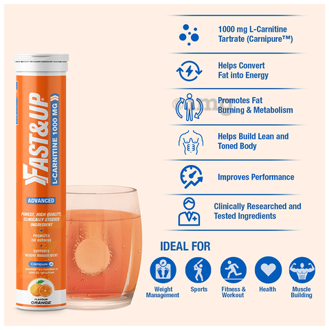 Fast&Up L-Carnitine Carnipure 1000mg | Effervescent Tablet for Weight & Fat  Management | Flavour Orange: Buy box of 1.0 Bottle at    in India | 1mg