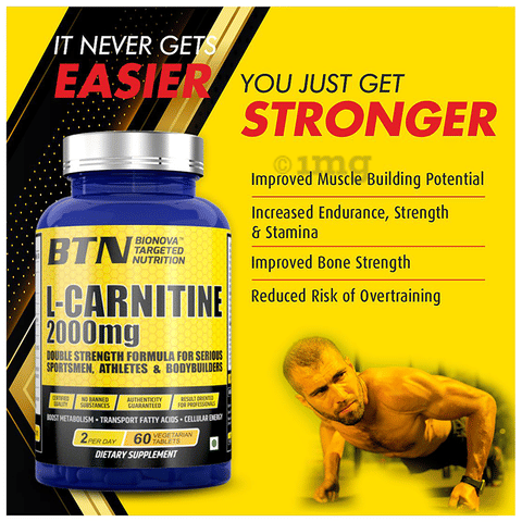 BTN L-Carnitine 2000mg Vegetarian Double Strength Formula for Sportsmen,  Bodybuilders and Athletes Tablet: Buy bottle of 60.0 tablets at best price  in India | 1mg