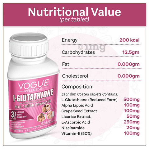 best glutathione supplements vogue Buy Wellness L-Glutathione Tablet 30's Online at Discounted Price Buy Vogue Wellness L-Glutathione Tablets