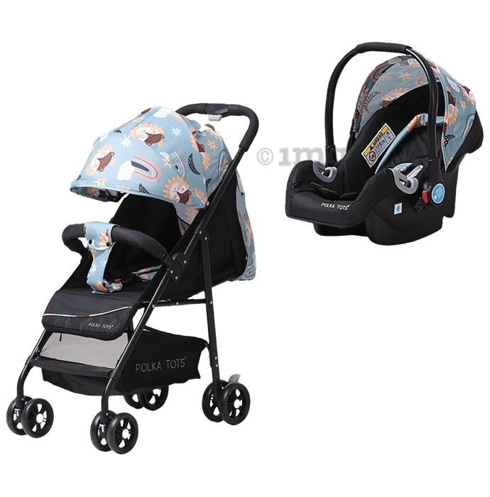 Polka Tots Combo Pack of Click Clack Travel System Elephant Printed Stroller & Car Seat Cream