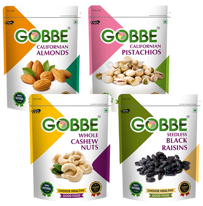 Combo Pack of Gobbe Californian Almonds, Californian Pistachios, Whole Cashew Nuts, Seedless Black Raisins (200gm Each)