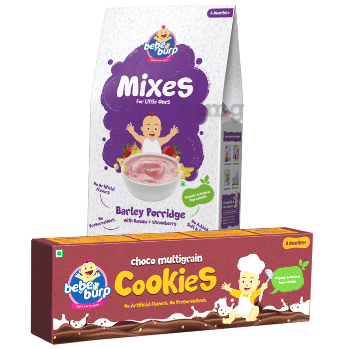 Bebe Burp Combo Pack of 6M+ Mixes Barley Porridge 200gm and 8M+ Choco Multigrain Cookies 150gm