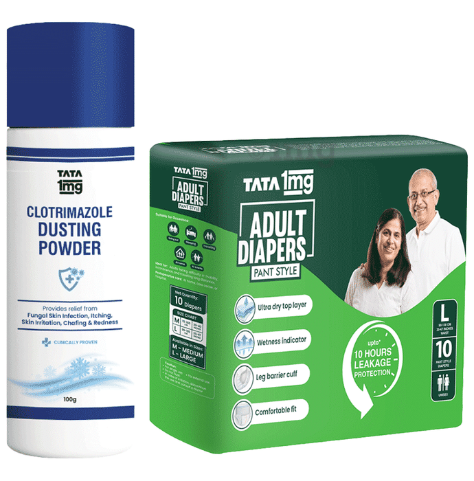 Combo Pack of Tata 1mg Adult Diaper Pant Style Large (10) & Tata 1mg Antifungal Dusting Powder (100gm)