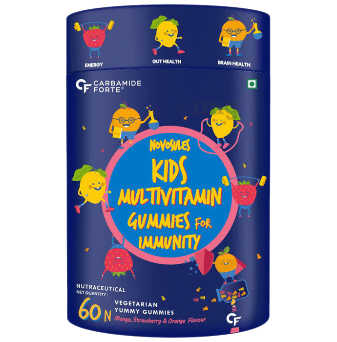 Carbamide Forte Novosules Kids Multivitamin | Gummies for Energy, Brain & Gut Health | Flavour Mango, Strawberry & Orange