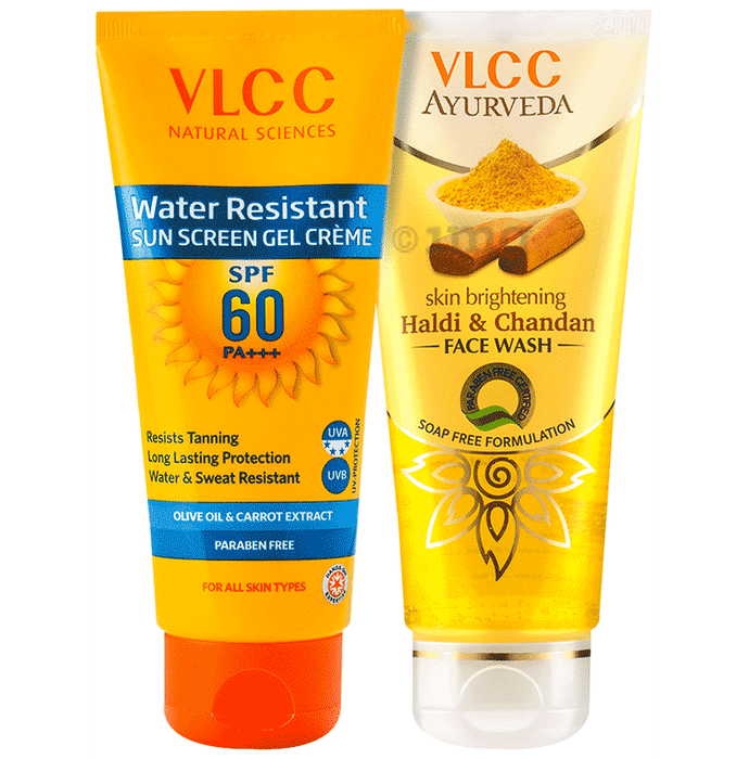 VLCC Combo Pack of Water Resistant SPF 60 Sunscreen Gel Cream (100gm) & & Haldi Chandan Face Wash (100ml)