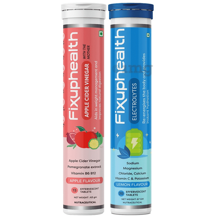 Combo Pack of Fixuphealth Apple Cider Vinegar Effervescent Tablet with the Mother Apple (15) & Fixuphealth Electrolytes Effervescent Tablet Lemon (20)