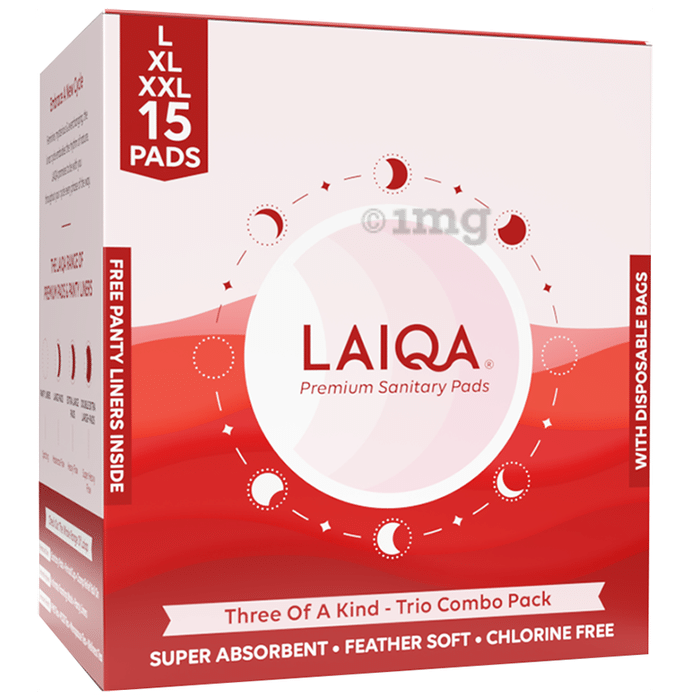 Laiqa Combo Pack of Premium Sanitary Pads (5) Large (5)XL & (10) XXL with (15) Disposable Bag and (3) Panty Liner