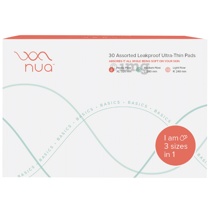 Nua Assorted Leakproof Ultra Thin Pads (8 XL ,12 Medium,10 Small) Pads