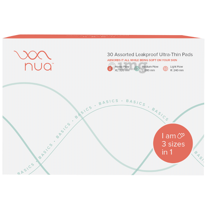 Nua Assorted Leakproof Ultra Thin Pads (8 XL ,12 Medium,10 Small) Pads