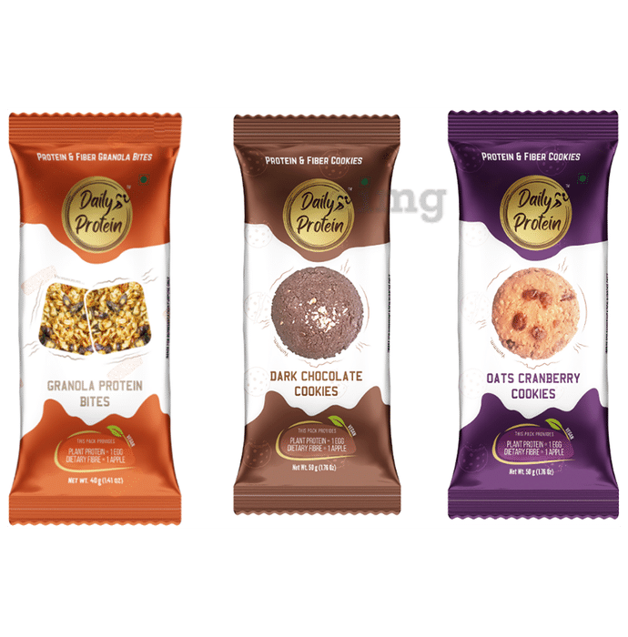 NutriSnacksBox Combo Pack of 4 Packs of Daily Protein Granola Protein Bites (40gm), Dark Chocolate Cookies (50gm), & 4 Pack of Daily Protein Oats Cranberry Cookies (50gm)