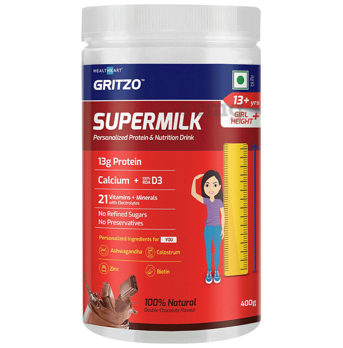 Gritzo Super Girl Milk Protein Height+ for 13+ Years Girls | With Calcium & Vitamin D3 | Flavour Double Chocolate