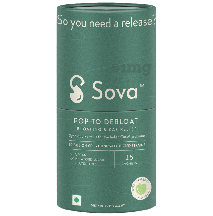 Sova Pop To Debloat for Men & Women | Prevent Gassiness, Bloating and Discomfort | Prebiotics, Probiotics & Digestive Enzymes | 10 Billion CFUs Sachet (1gm Each) Green Apple Pop
