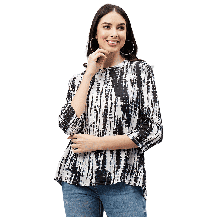 Haxor Women's Printed Tie DieOpen Back 3/4 Length Sleeve Adaptive Top Black & White Large