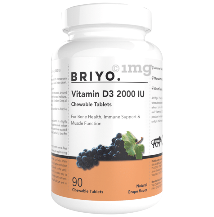 Briyo Vitamin D3 2000IU Chewable Tablet for Bone Health, Immune Support & Muscle Function Natural Grape