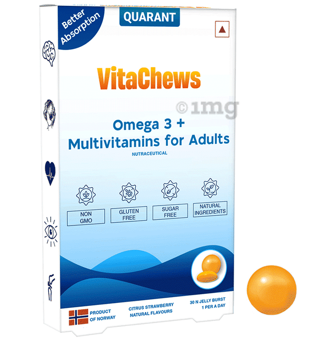 Quarant Vitachews Fish Oil Omega 3 Fatty Acid + Multivitamin Gummies with EPA & DHA for Men & Women Citrus Strawberry Natural Flavours