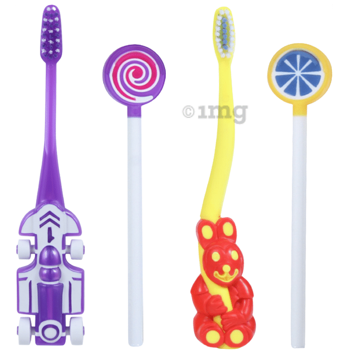 Maxi Oral Care Junior Pack of 1 Zoom Car Junior Toothbrush, 1 Bingo Junior Toothbrush and 2 Lollipop Tongue Cleaner