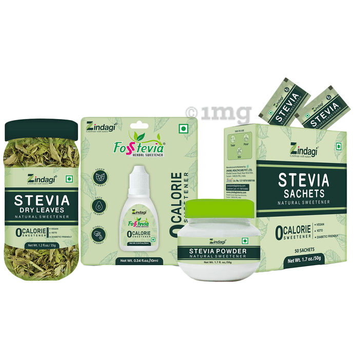 Zindagi Combo Pack of Stevia Liquid, Stevia Powder, Stevia Sachets & Stevia Leaves