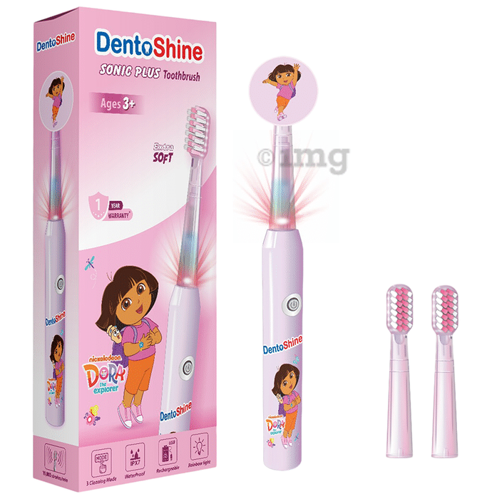 DentoShine Sonic Plus Electric Toothbrush  for Kids (Ages 3+) USB Rechargeable 3 Modes of Cleaning & 2 Extra Brush Heads Pink