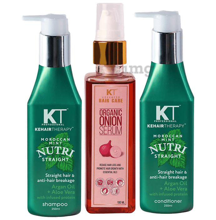KT Professional Combo Pack of Moroccan Mint Nutri Straight Shampoo (250ml), Conditioner (250ml) & KT Advanced Organic Onion Serum (100ml)