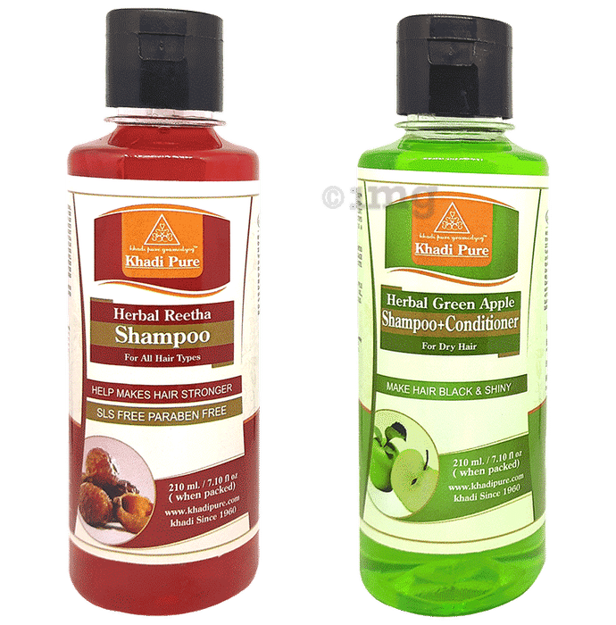 Khadi Pure Combo Pack of Herbal Green Apple Shampoo + Conditioner & Herbal Reetha Shampoo SLS & Paraben Free (210ml Each)
