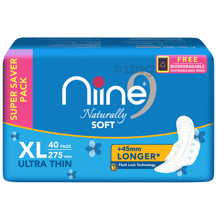 Niine Dry Comfort Ultra Thin Sanitary Pads for Women with Biodegradable Disposal Bag Free XL