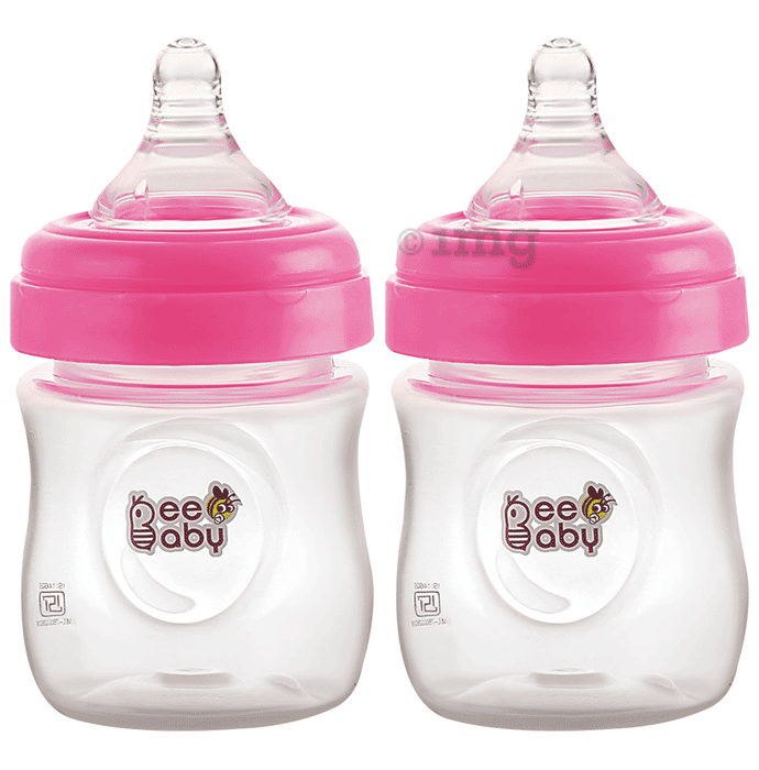 BeeBaby Ease Wide Neck Baby Feeding Bottle with Medium Flow Anti-Colic Soft Silicone Nipple 4 Months + (150ml Each) Pink