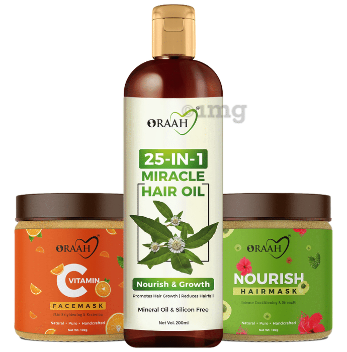 Oraah Combo Pack of 25 In 1 Miracle Hair Oil 200ml, Vitamin C Face Mask 100gm and Nourish Hair Mask 100gm