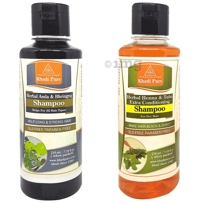 Khadi Pure Combo Pack of Herbal Amla & Bhringraj Shampoo & Herbal Heena & Tulsi Extra Conditioning Shampoo for Dry Hair SLS Free & Paraben Free (210ml Each)