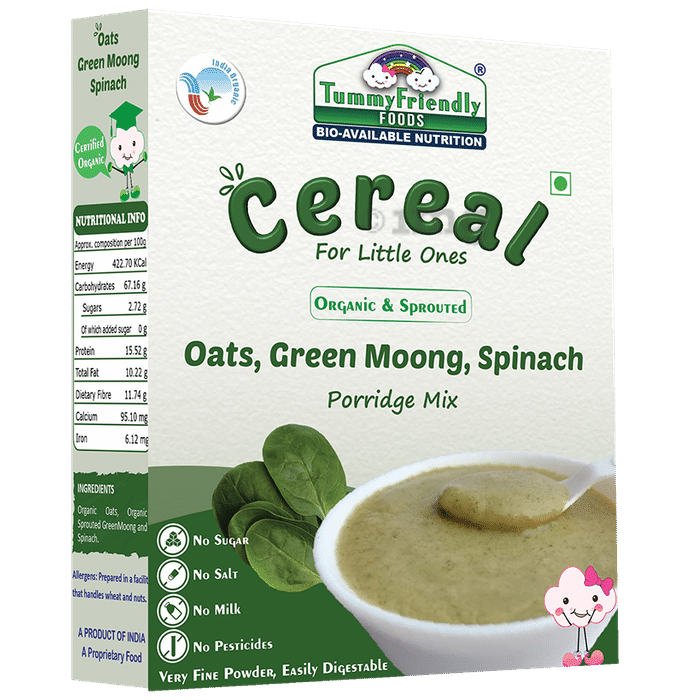 TummyFriendly Foods Cereal Oats, Green Moong, Spinach Certified 100% Organic Sprouted Ragi, Oats, Red Lentil, Banana Porridge Mix