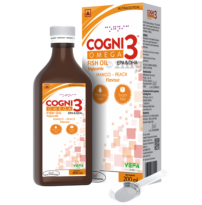 Cogni 3 Syrup with Omega 3 Fish Oil (EPA & DHA) | Sugar-Free | Flavour Mango Peach