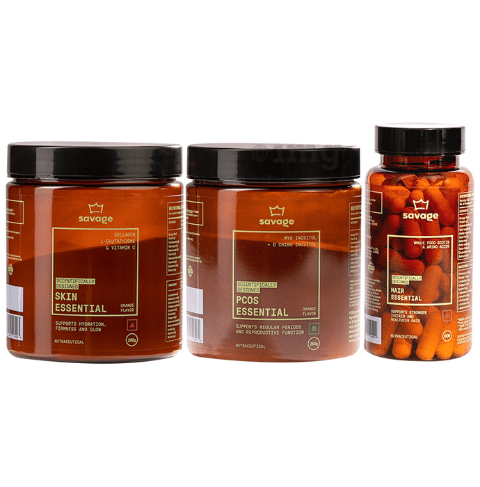 Savage Combo Pack of PCOS Essential Powder (250gm), Skin Essential Powder (200gm) & Hair Essential Capsule (60)