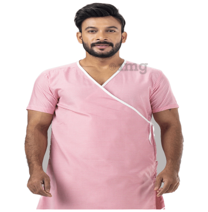 Agarwals Unisex Patient Gown Front Open Overlap Pink Checks Large