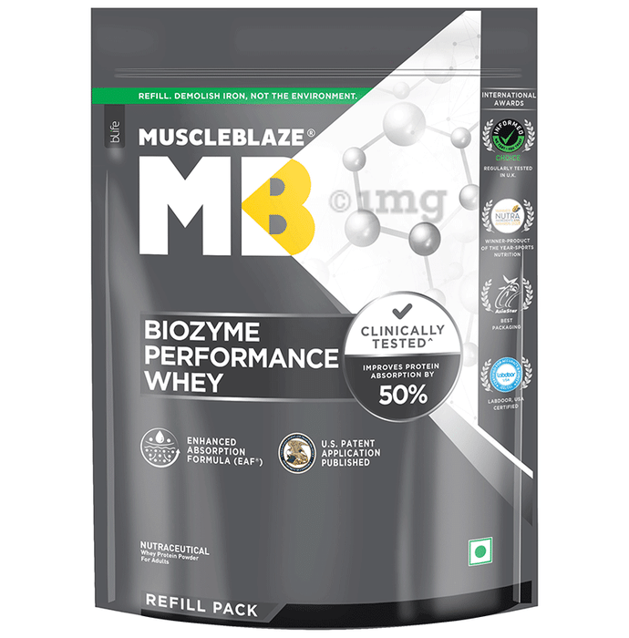 MuscleBlaze MuscleBlaze Biozyme Performance Whey Protein | For Muscle Gain | Improves Protein Absorption | Nutrition Care Powder Magical Mango Refill Pack
