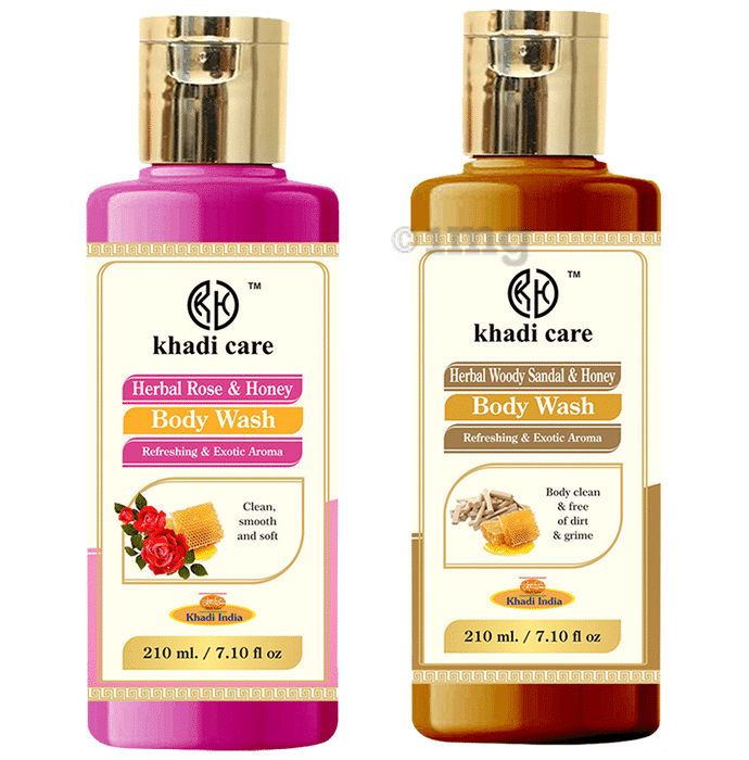 Khadi Care Combo Pack of Herbal Rose and Honey & Herbal Woody Sandal and Honey Body Wash (210ml Each)