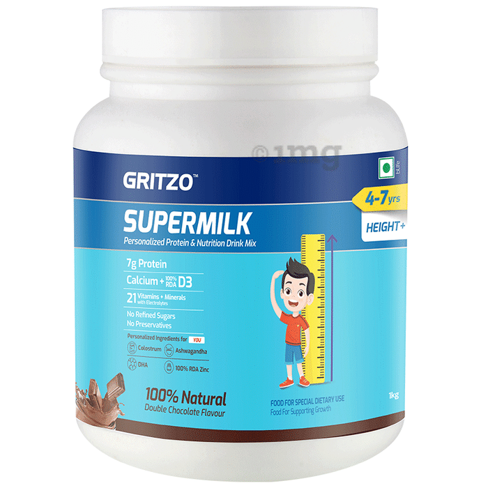 Gritzo Super Milk Protein Height+ for 4 to 7 Years | With Calcium & Vitamin D3 | Flavour Double Chocolate