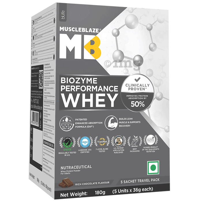 Muscleblaze Biozyme Performance Whey Protein Sachets (36gm Each) Rich Chocolate