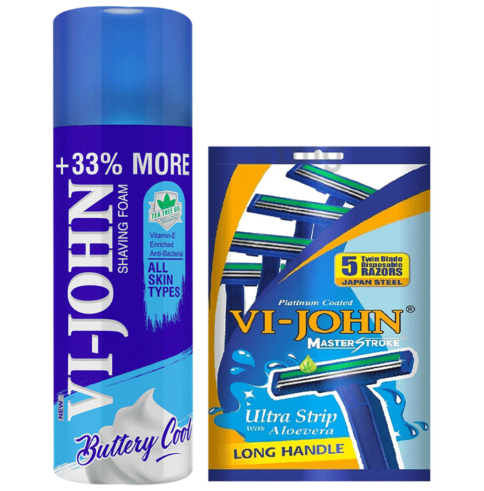 Vi-John Combo Pack of Buttery Cool Tea Tree Oil Shaving Foam (400gm) & Platinum Plated Master Stroke Razor (5) All Skin Type