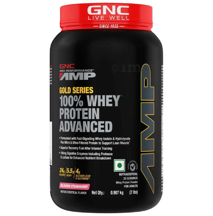 GNC Amp Gold 100% Whey Protein Advanced Powder with Digestive Enzymes | For Lean Muscles | Flavour Delicious Strawberry