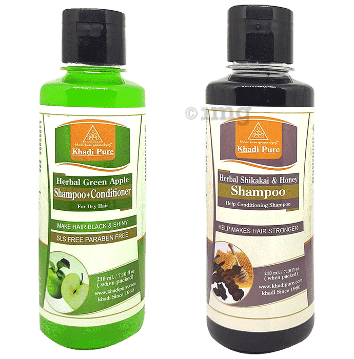 Khadi Pure Combo Pack of Herbal Shikakai & Honey Shampoo & Herbal Green Apple Shampoo + Conditioner SLS Free & Paraben Free (210ml Each)