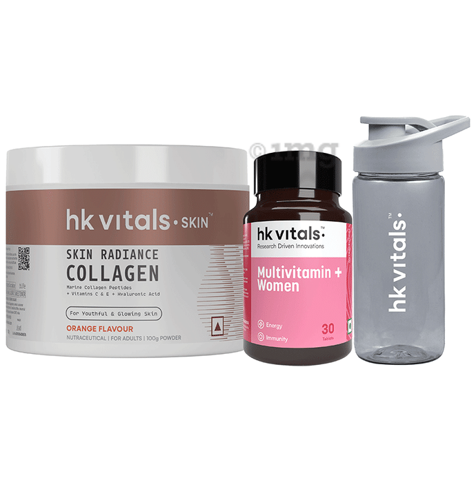 HK Vitals Combo Pack of Skin Collagen Powder Orange Flavour (100gm) & Multivitamin + Women Tablet (30) with Sipper 300ml